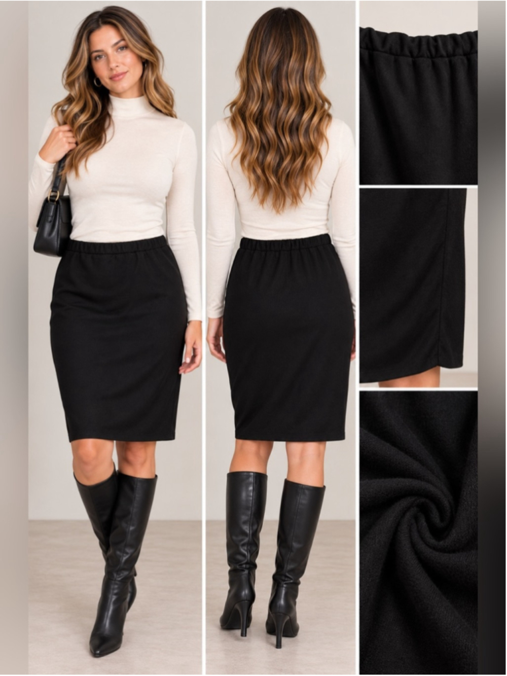 Elimar Black Knit 100% Wool Pencil Skirt Size L Classic Minimalist Fall